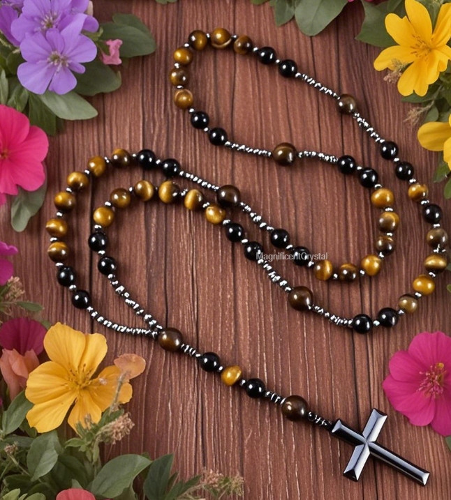 Black Tiger Eye Hematite Cross Necklace Hand Knotted Beads Lucky Pendant