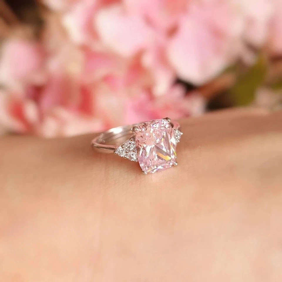 6.30 Ct Cushion Cut Natural Pink Sapphire Diamond Ring 14K White Gold Size 6 7 8