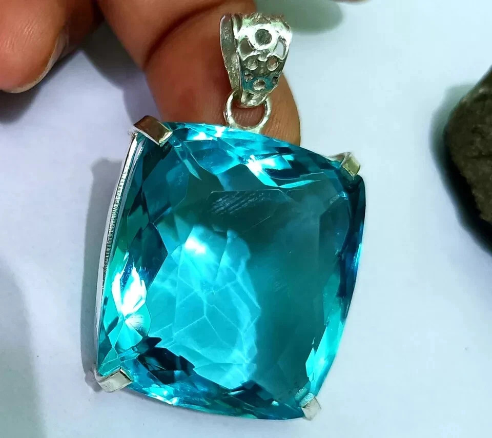 Natural 100 Ct+ EGL Certified Blue Topaz Loose Gemstone 925 Solid Silver Pendant