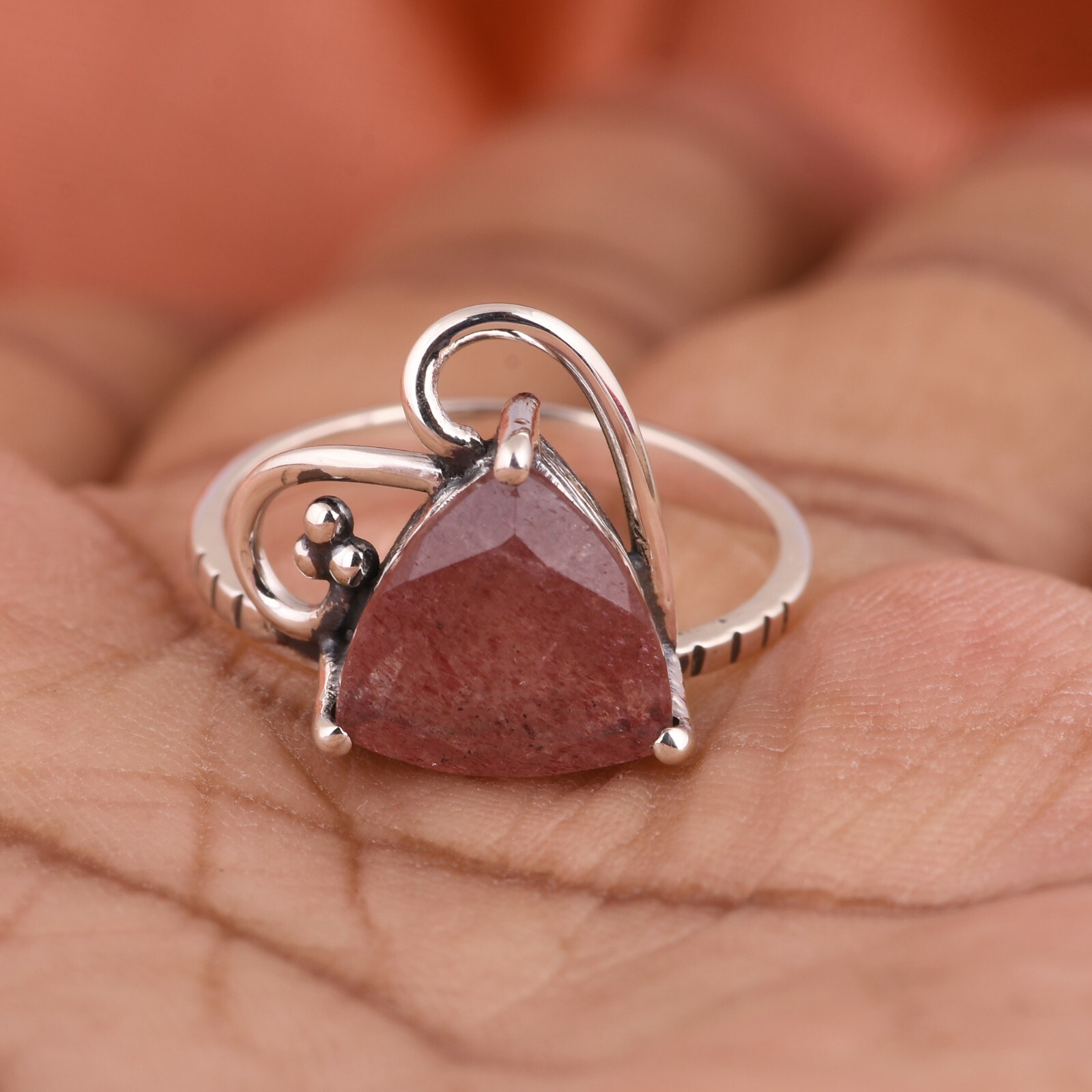 Strawberry Quartz Gemstone Engagement Traingle Ring 925 Sterling Silver Color