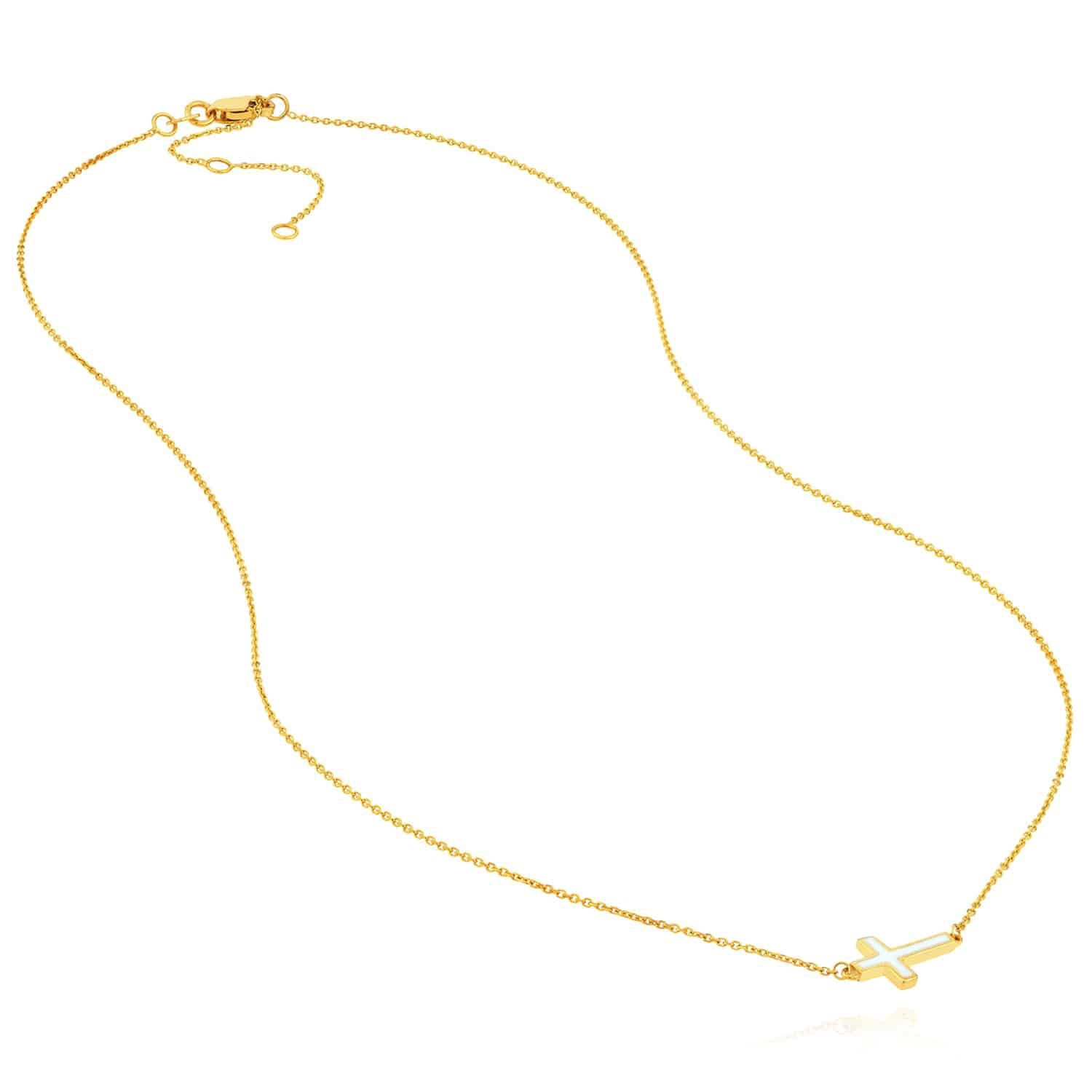 14K Real Gold White Black Turquoise Sideways Cross Pendant Necklace 16-18″ Adj