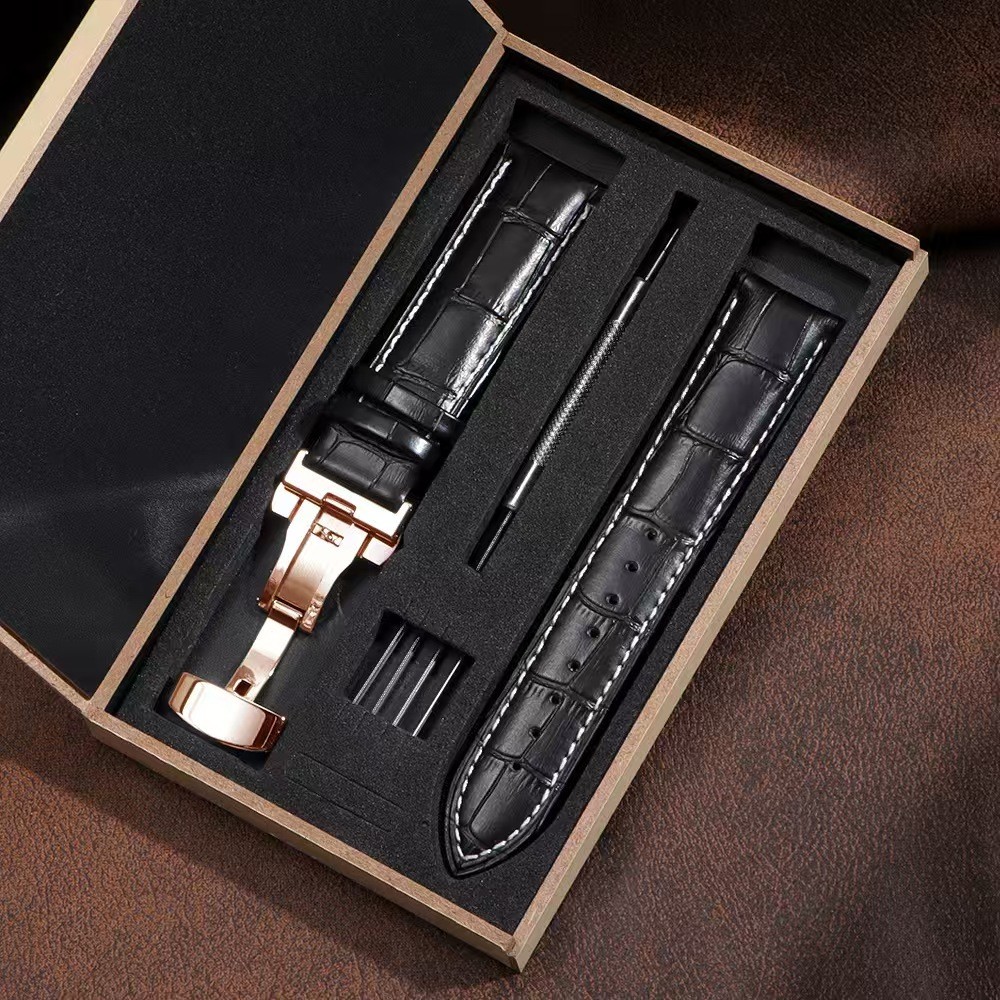 Genuine Leather Watch Band High Quality Cowhide Strap Deployment Clasp 19-24mm