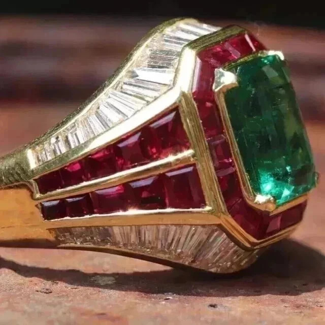 3.15Ct VVS1 Lab-Created Emerald & Ruby Men’s Anniversary Ring 14K Yellow Gold FN