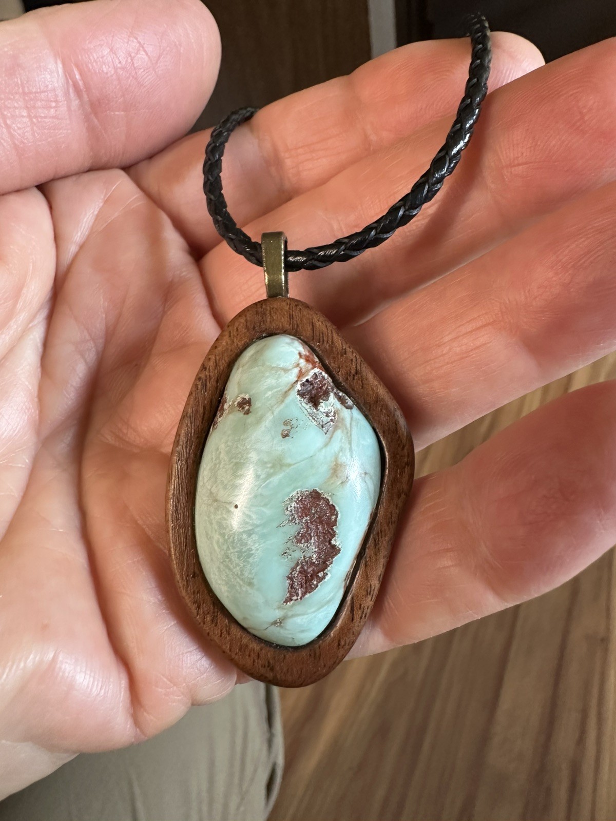 Pinion Turquoise In Walnut Setting Signed Earth Stone Pendant Natural Smooth
