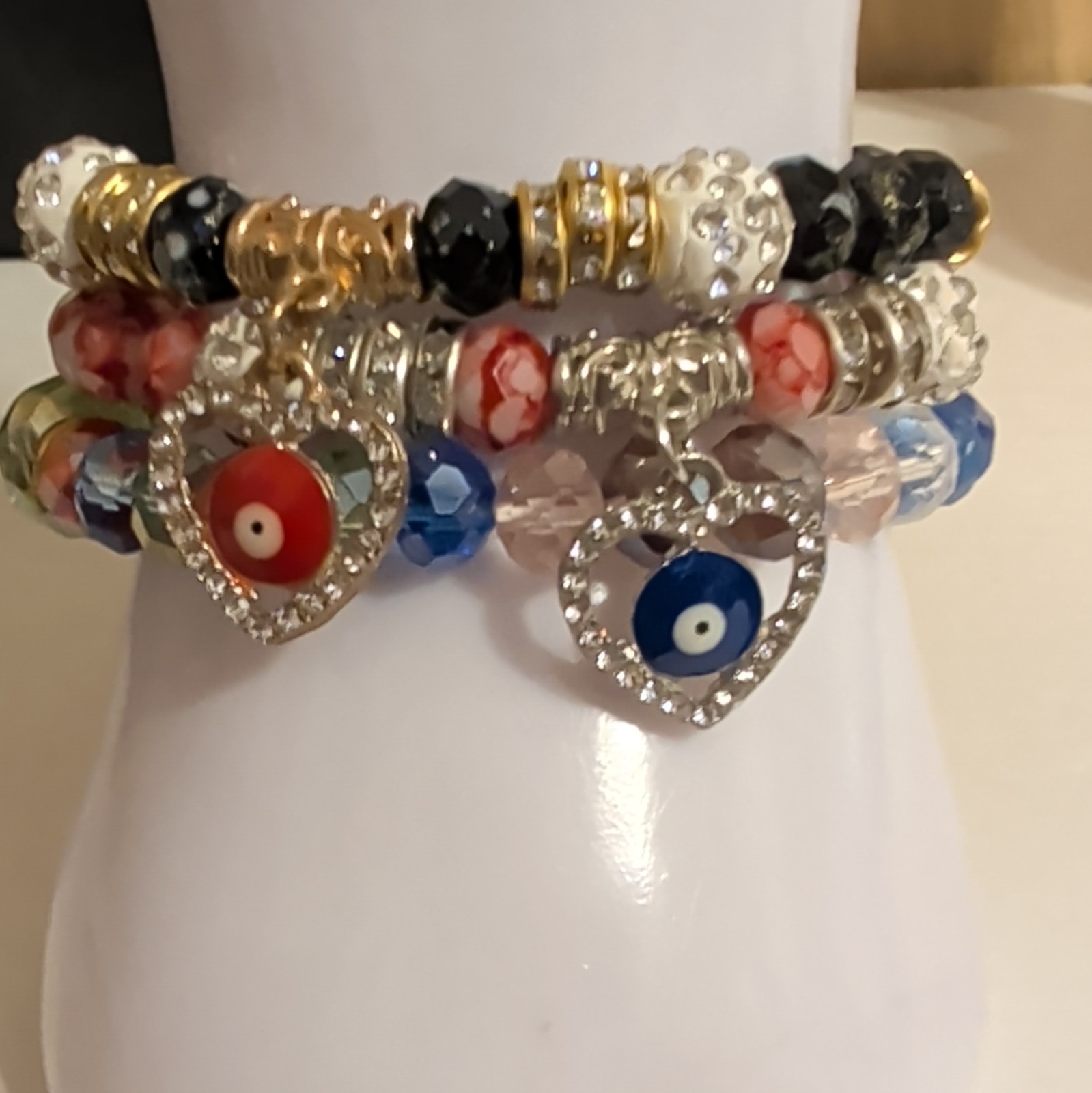 Beaded Stretch Stackable Bracelet Set Multicolor w/ Heart Evil Eye Dangle