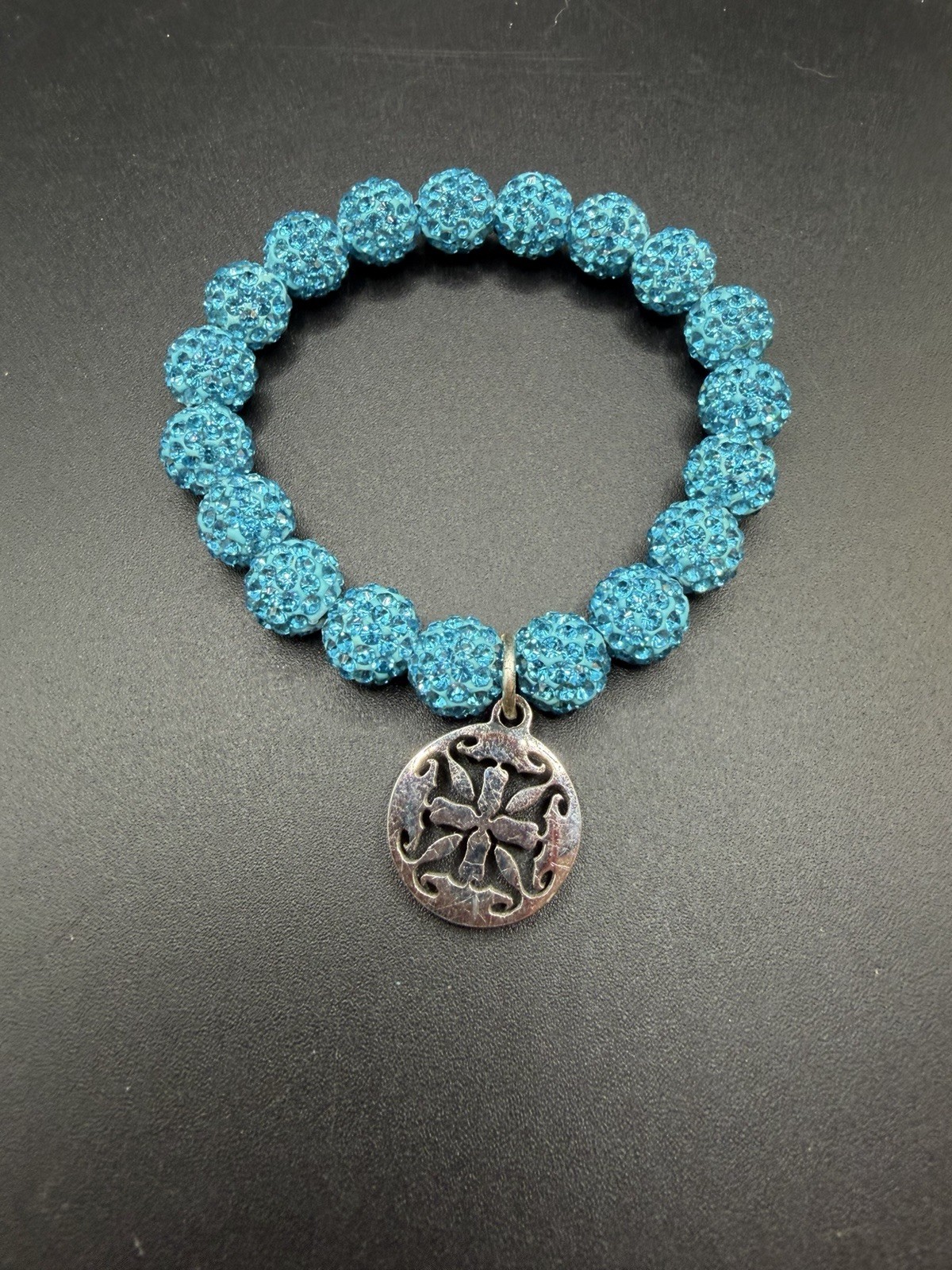Rustic Cuff Stretch Blue Aqua Color Bracelet with Logo Charm One Size Expandable