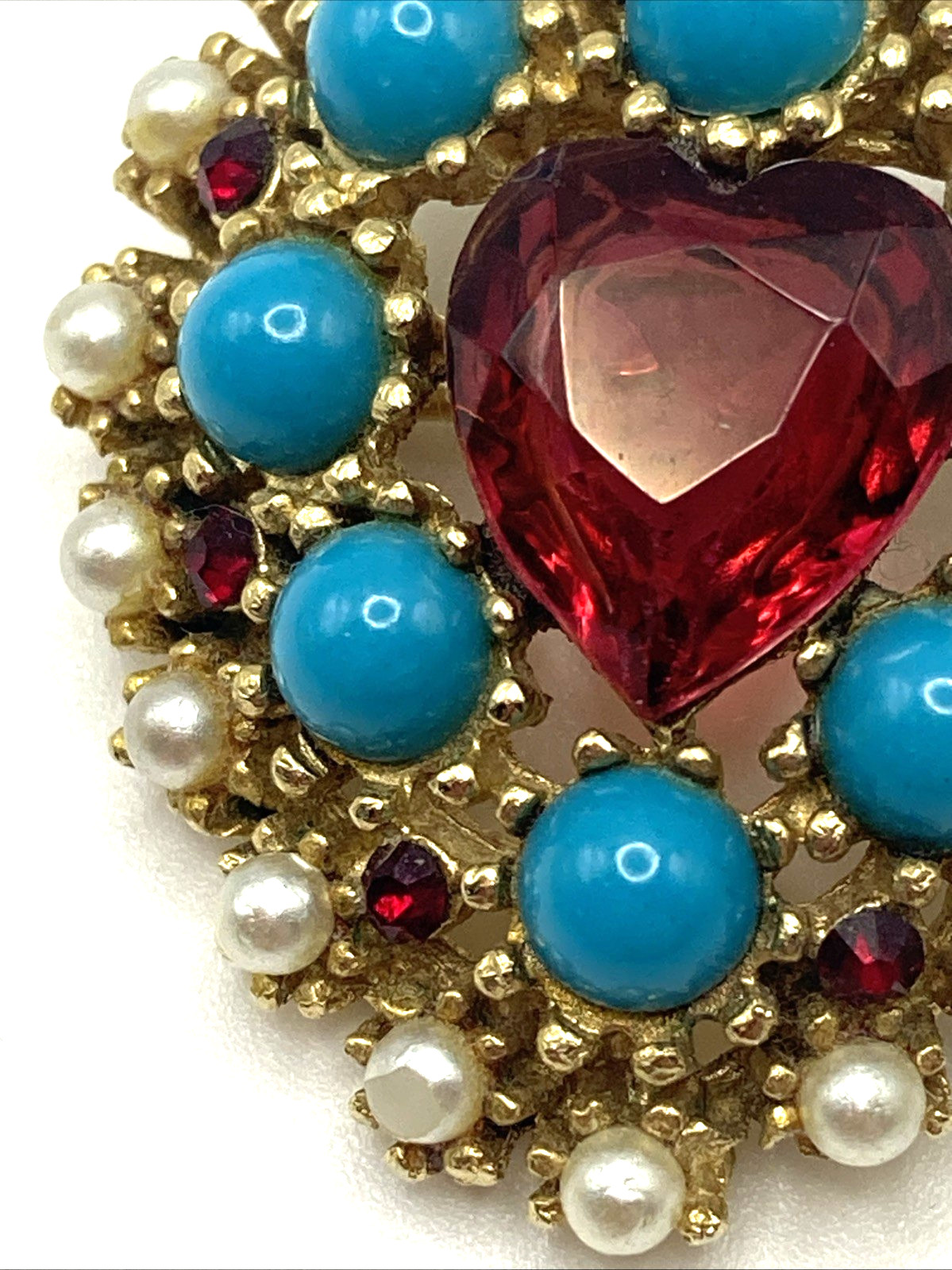 Smaller Vintage R Mandle Faux Ruby Pearl & Turquoise Heart Brooch Scarce!