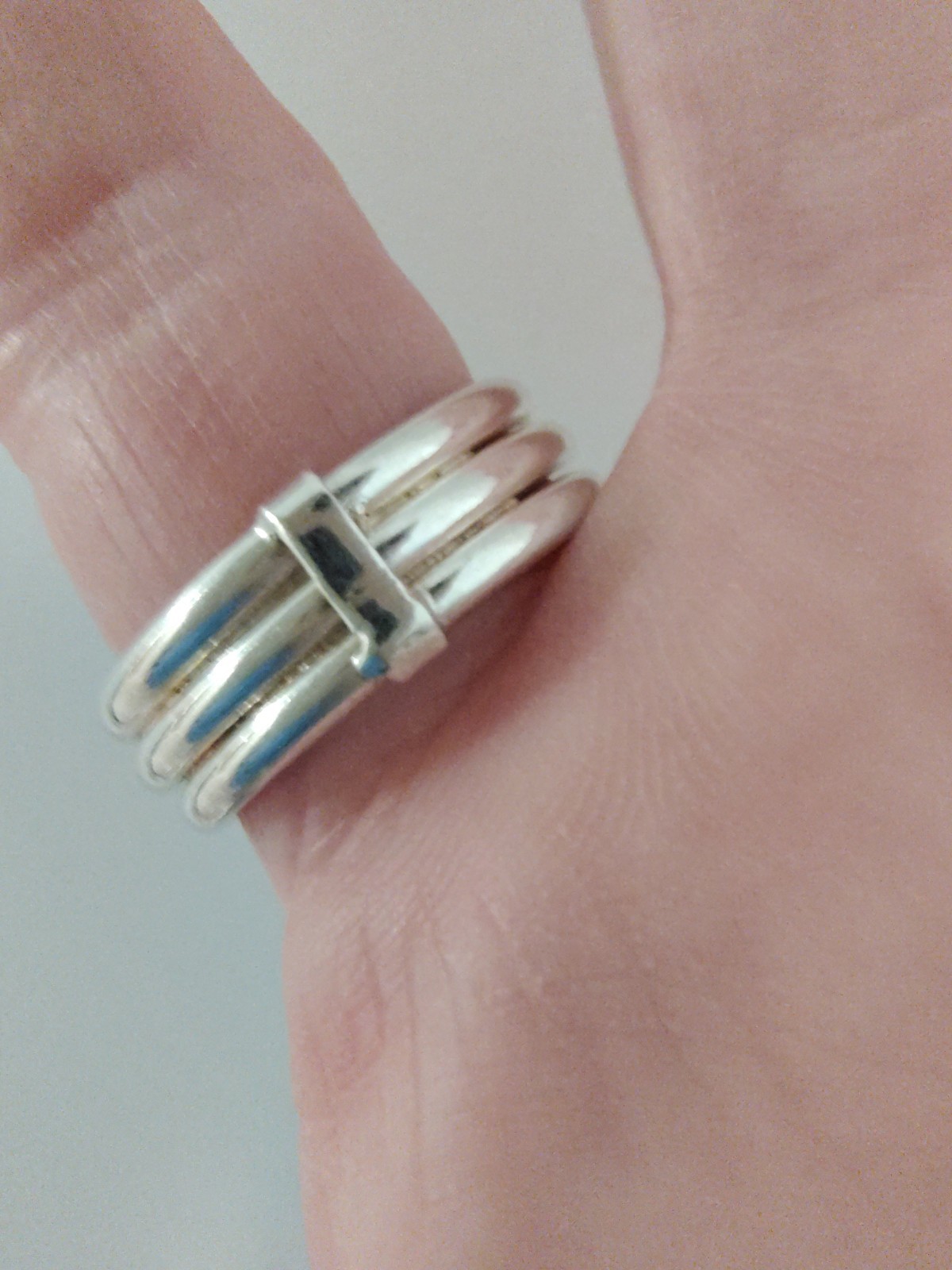 ​VTG Sterling Silver 925 Triple Band Ring Connected Stacker S Hook Motif Size 7