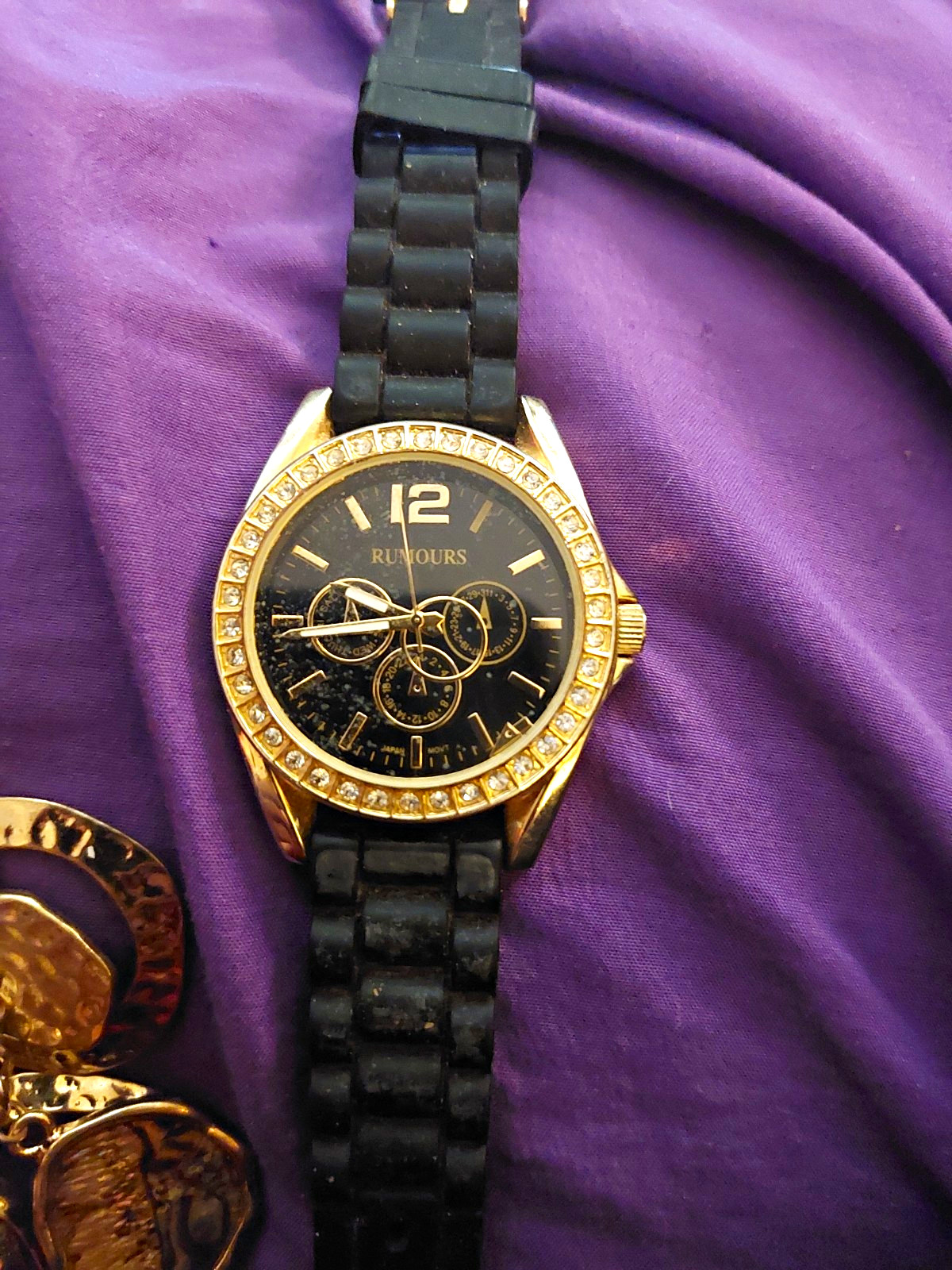 Rumours Women’s Quartz Analog Black Dial Gold-Tone Crystal Bezel Watch