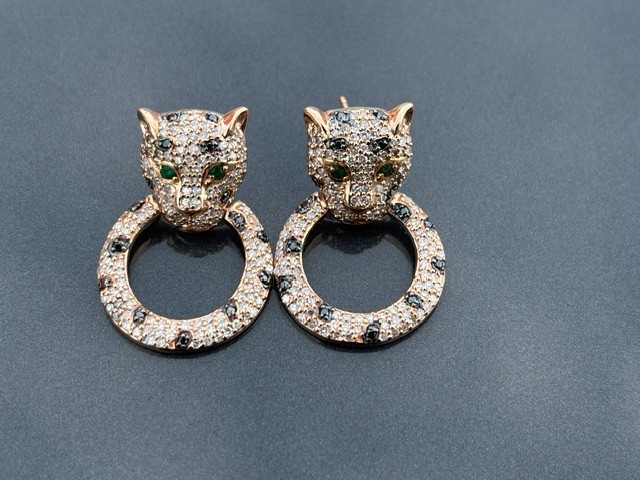 EFFY 14k Rose Gold Panther Black White Diamond Earrings Emerald Eyes