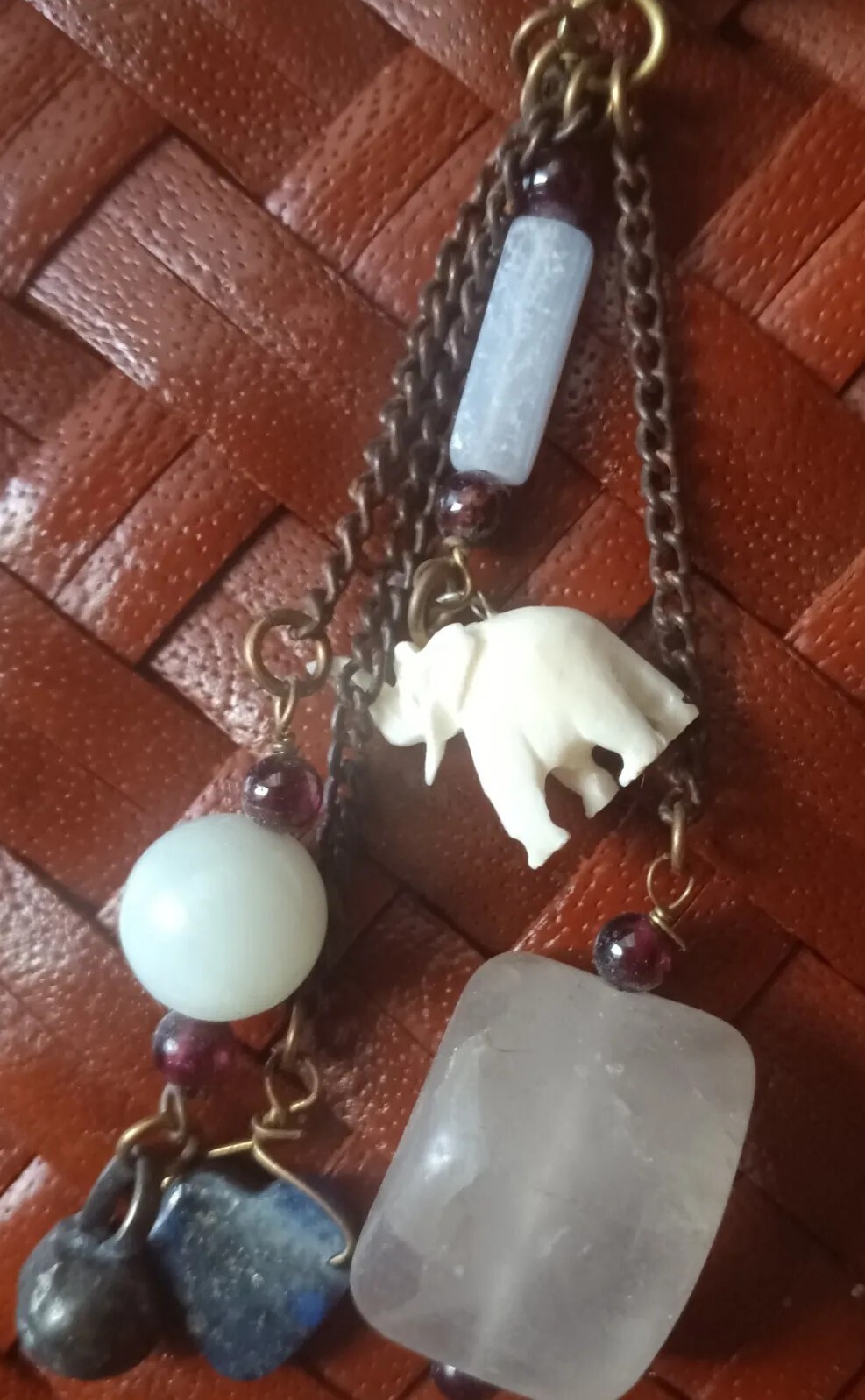 Crafted Dangle Drop Earrings 4″. Beads Granite Heart Elephant on Verdigris Ball.