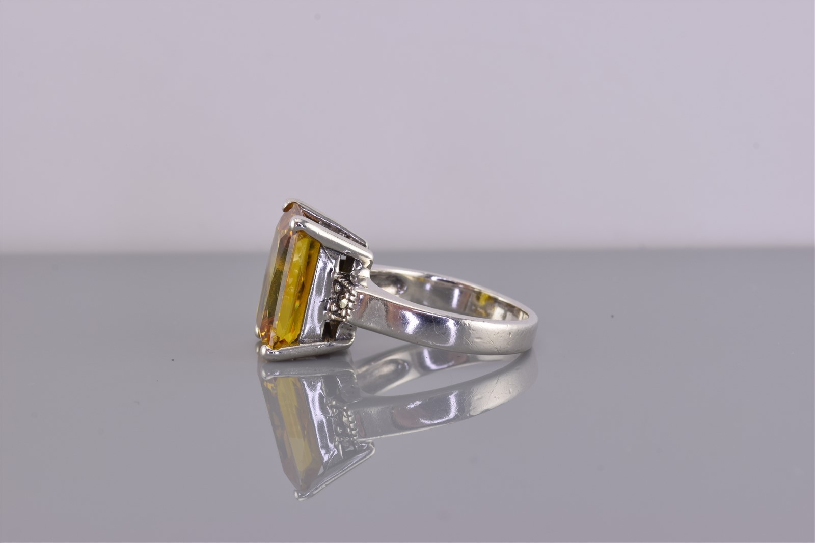 ACi Sterling Silver Yellow Emerald Cut Solitaire Marcasite Band Ring 925 Sz: 6