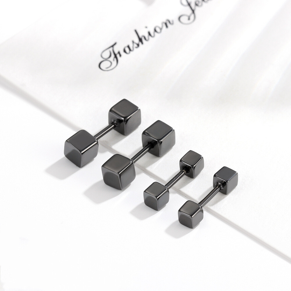 Womens Tiny 3D Cube Screw Back Stud Earrings Minimalist Jewelry Surgical Steel