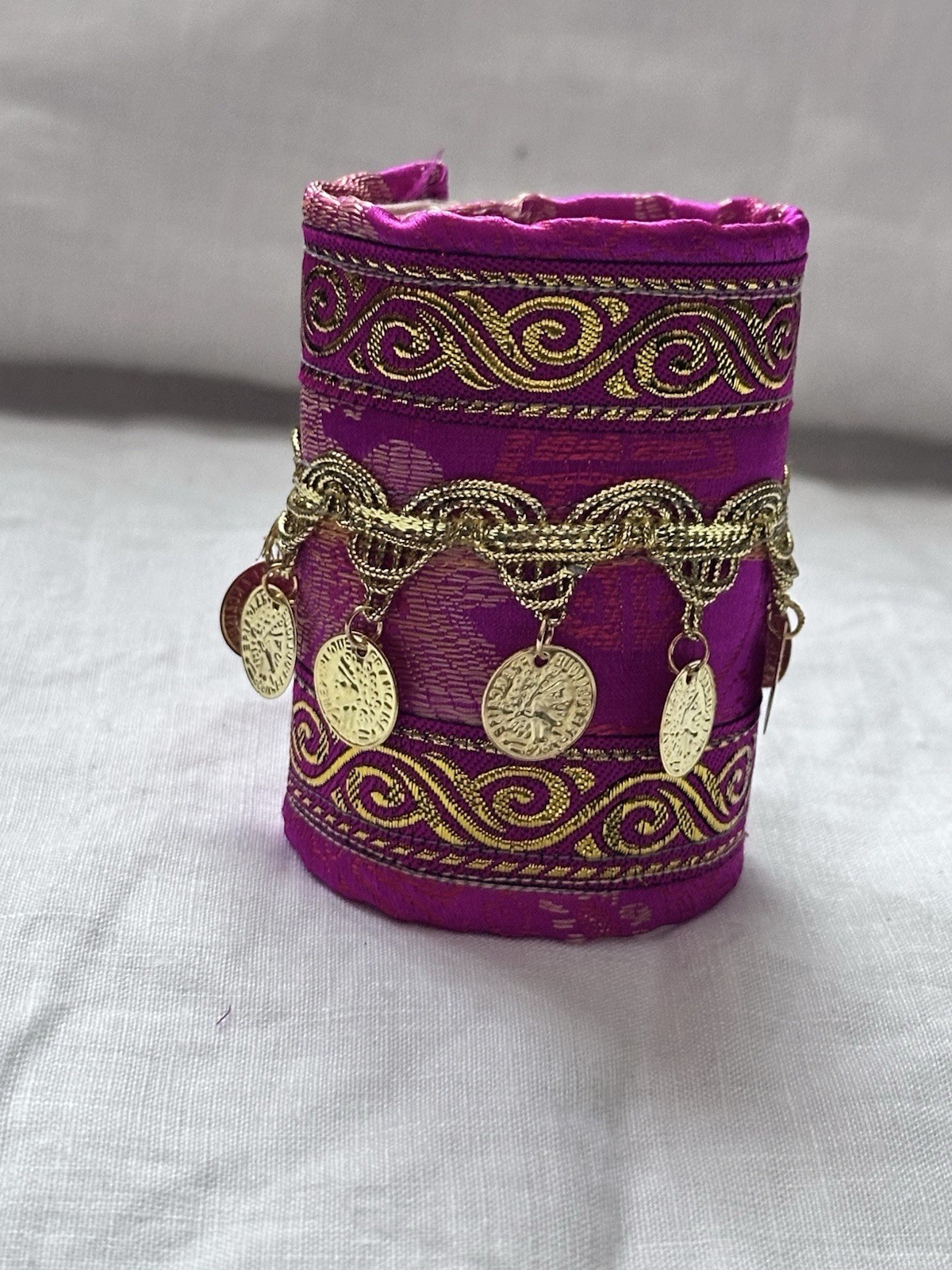 Artisan Fuchsia and Gold Coin Cuff Bracelet Adjustable Wrist Jewelry Art Signed