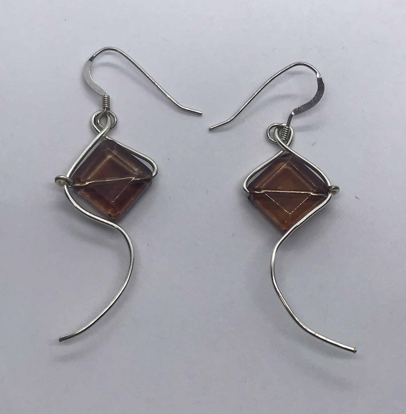 Sterling Silver 925 Rhombus Brown Glass & Wire Art earrings Kite Like