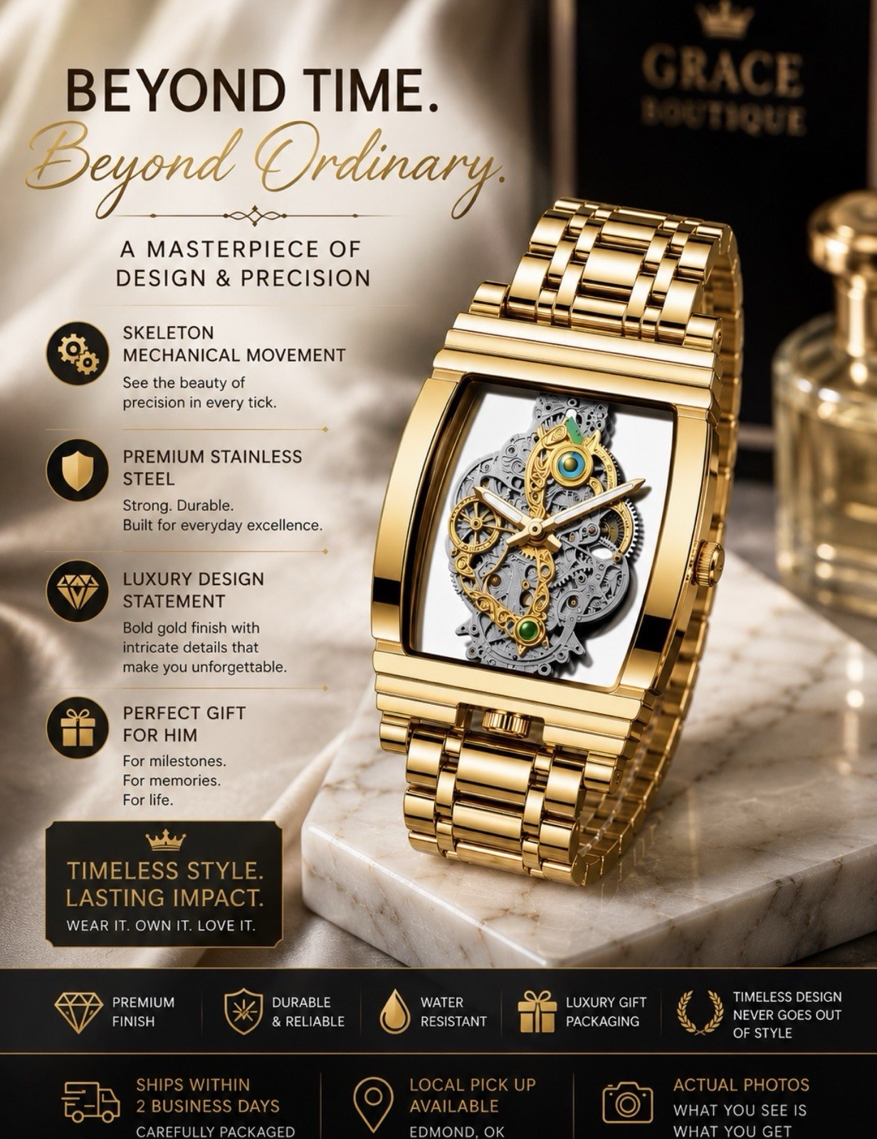 Golden Elegance Skeleton Dial Manual Mechanical Watch Gold Tone Square Bracelet