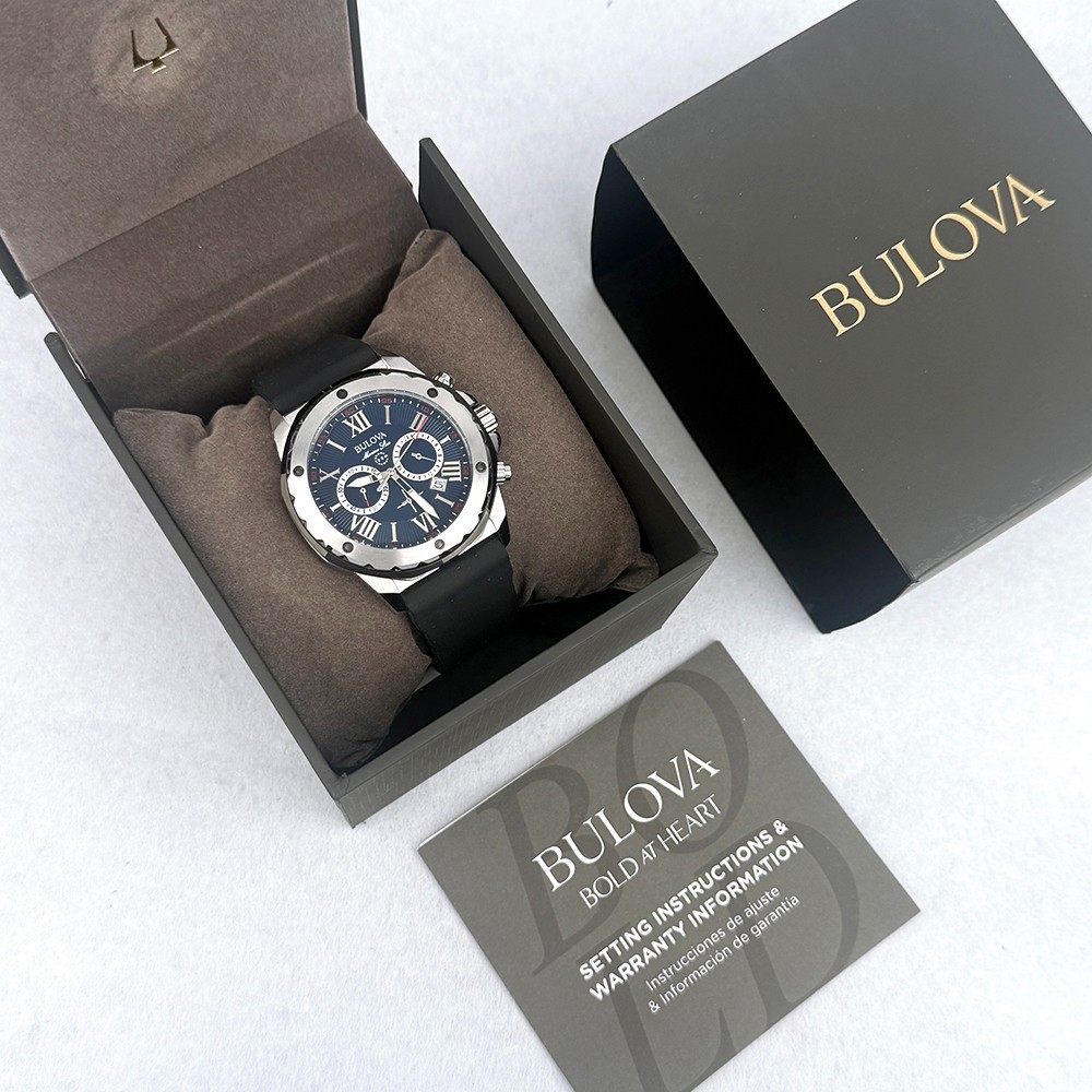 Bulova 98B258 Men’s Marine Star Quartz Blue Dial Black Rubber Strap Watch 44mm