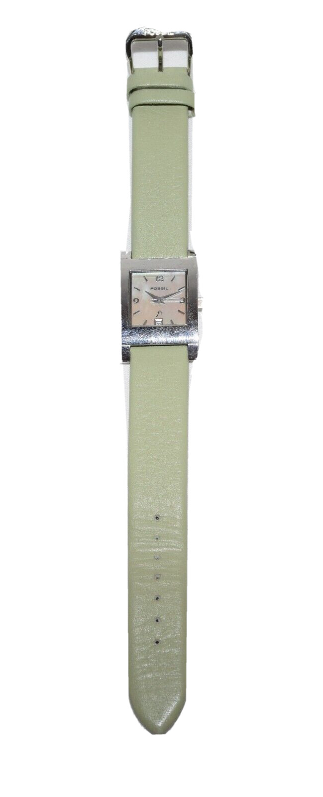 Fossil F2 Model ES-9758 Silver Tone Wristwatch w Olive Green Leather Wristband