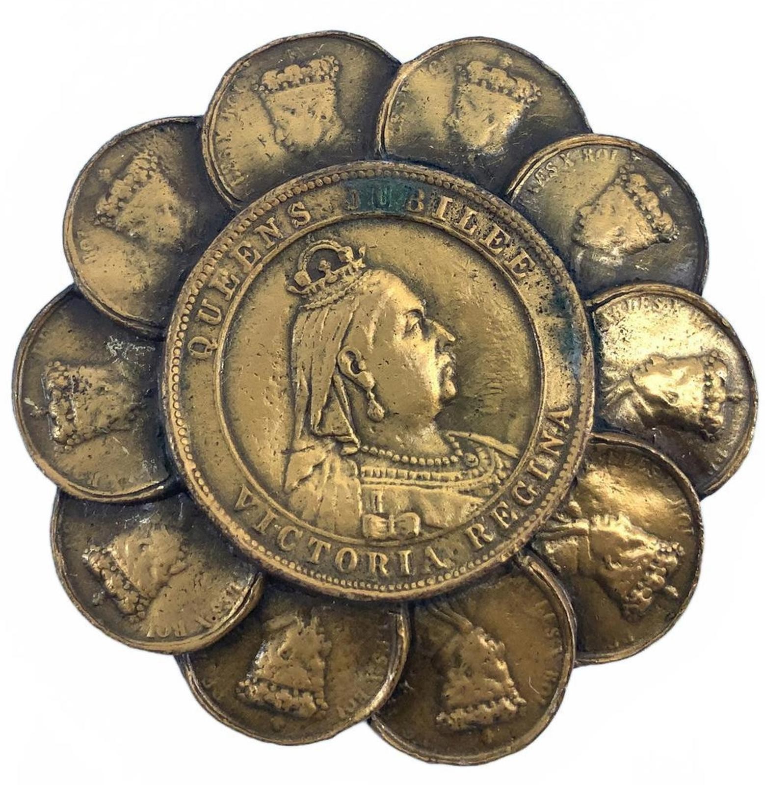 Vintage Queen Victoria Jubilee Coin Brooch Gold Tone Royal Commemorative Pin