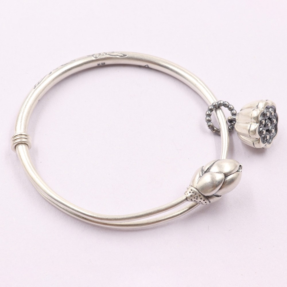 Pure S999 Fine Silver 999 Bracelet Women Lotus Flower Bangle 25-26g ID:54-58mm