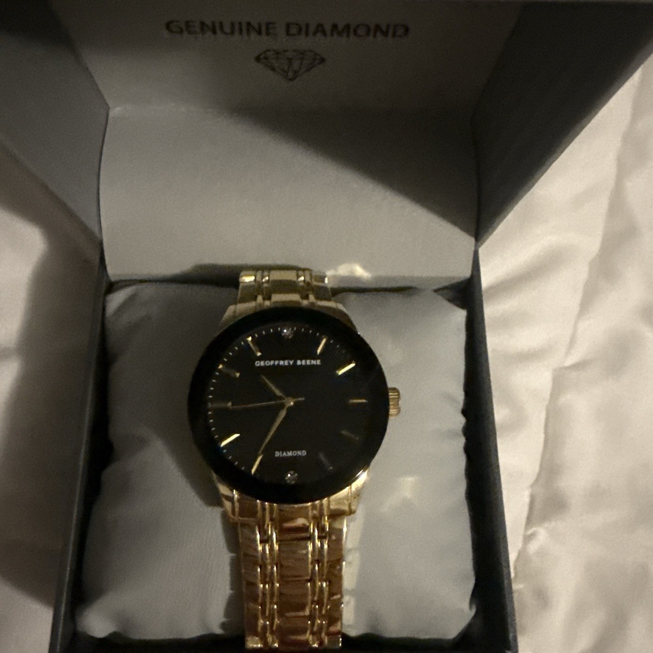 Geoffrey Beene Diamond Accent Gold Tone Quartz Watch 30mm Black Dial w/ Box