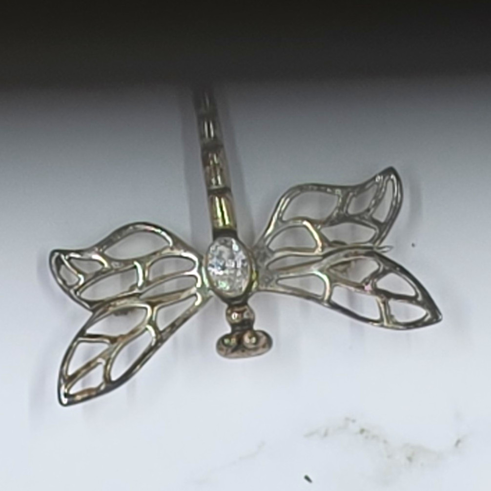 Dragonfly Brooch Pin Silver Tone Metal Clear Oval Rhinestone Center Stone