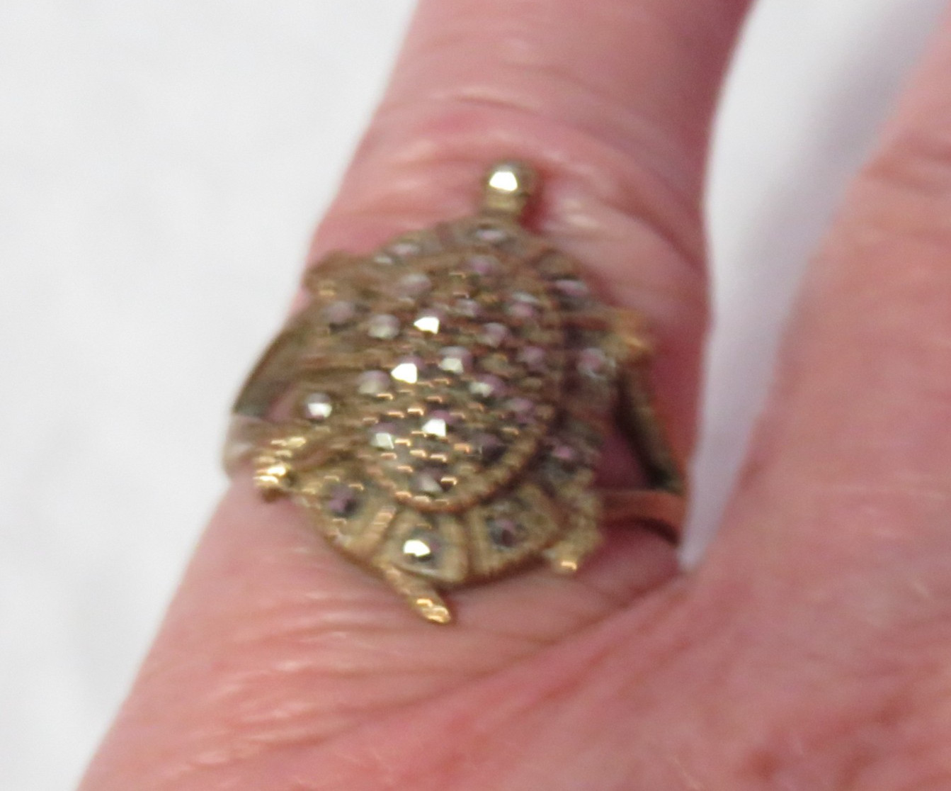 ANTIQUE BRASS OR COPPER & MARCASITE TURTLE RING SZ. 8