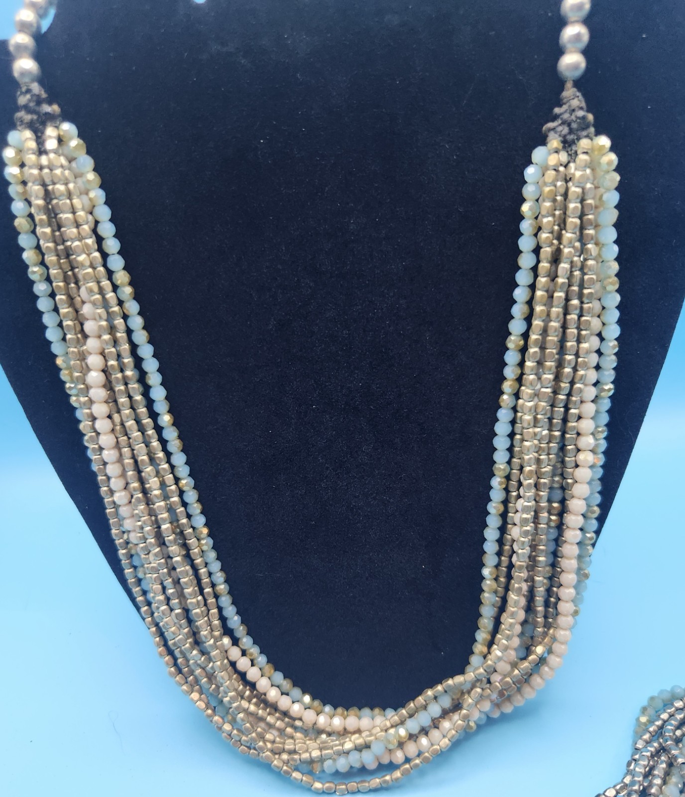Nakamol 12 Strand Blue, Ivory and Silver Tone Beads and Matching Bracelet