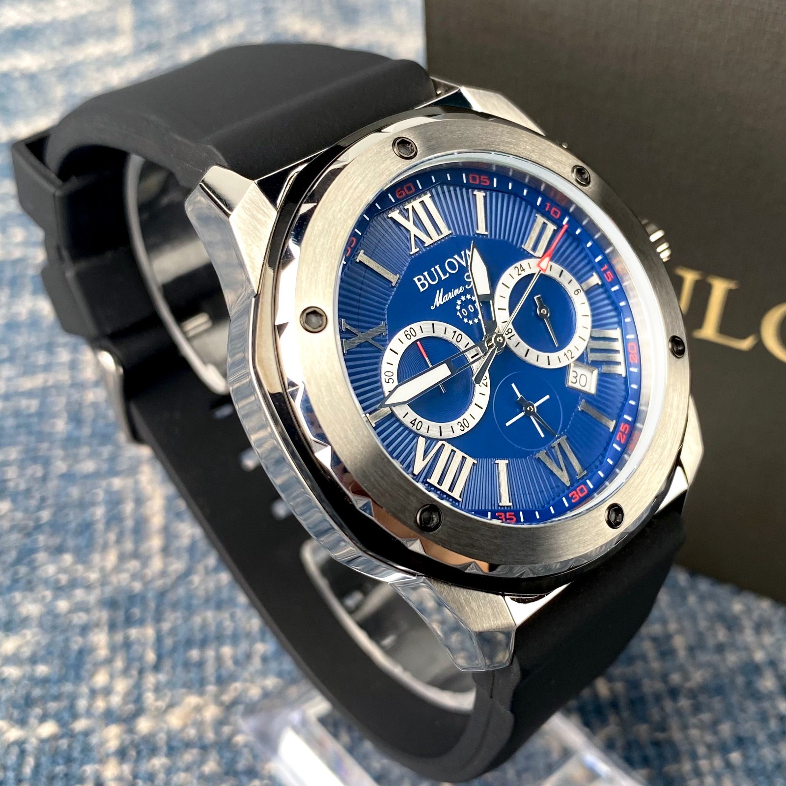 Bulova Marine Star 98B258 Blue Dial Black Rubber Strap Quartz Men’s Watch