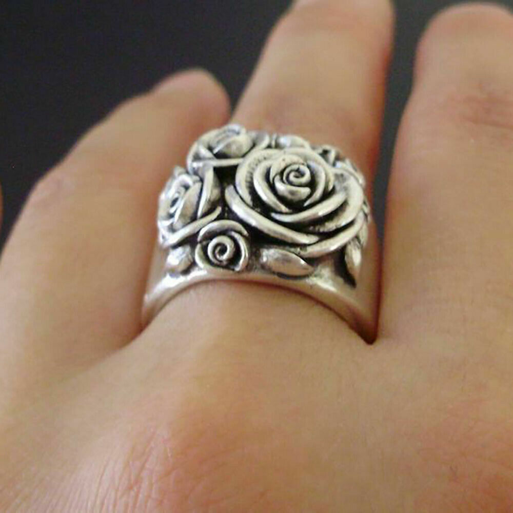 Boho 925 Sterling Silver New Women Fashion Vintage Style Rose Flower Ring Size 8
