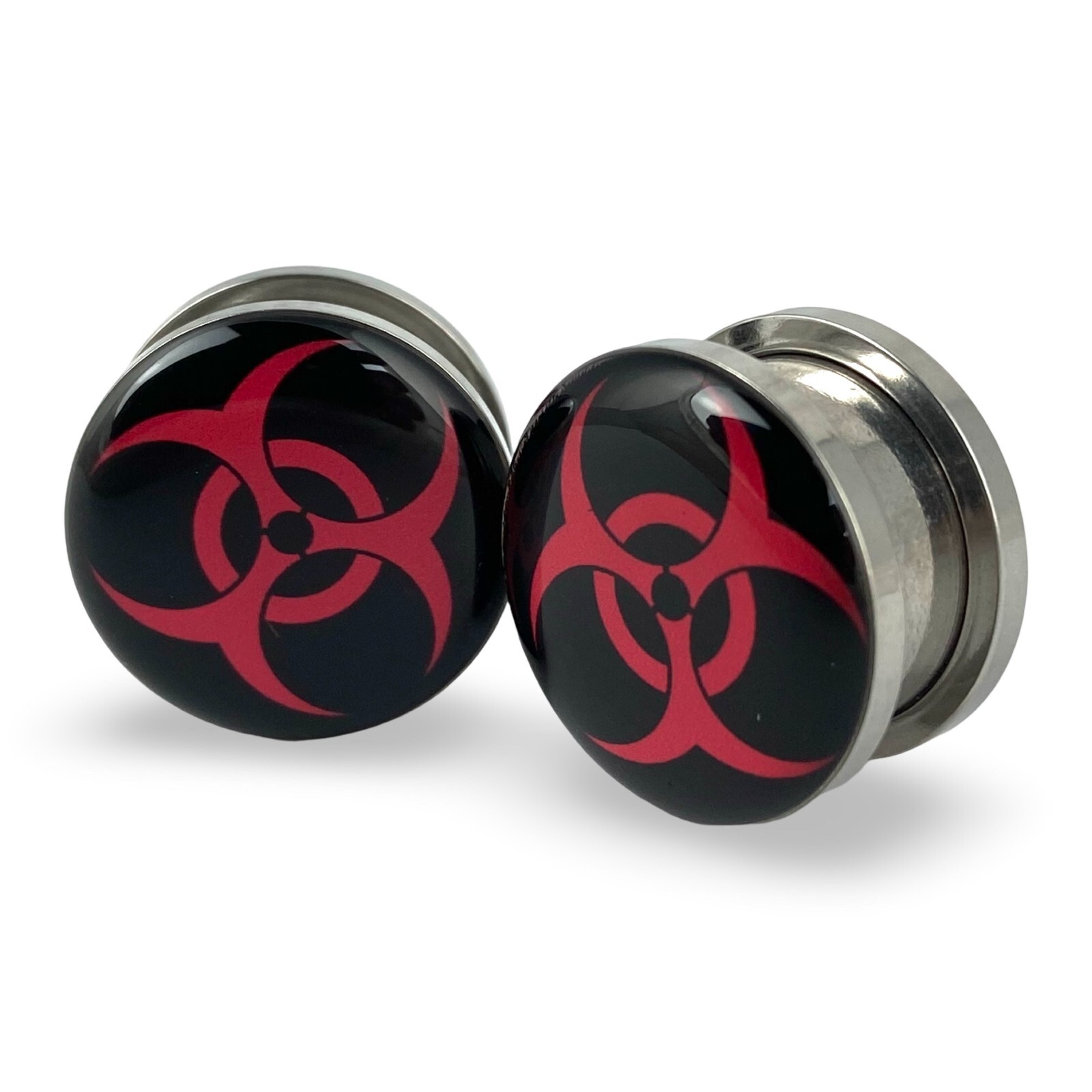 Pair of Screw on Black and Red Biohazard Picture Plugs gauges 16g thru 1 inch