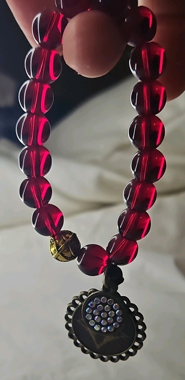Red/Gold/Black Beaded Stretch Bracelet w/ Dangle Charm Crystal Disc Tassel