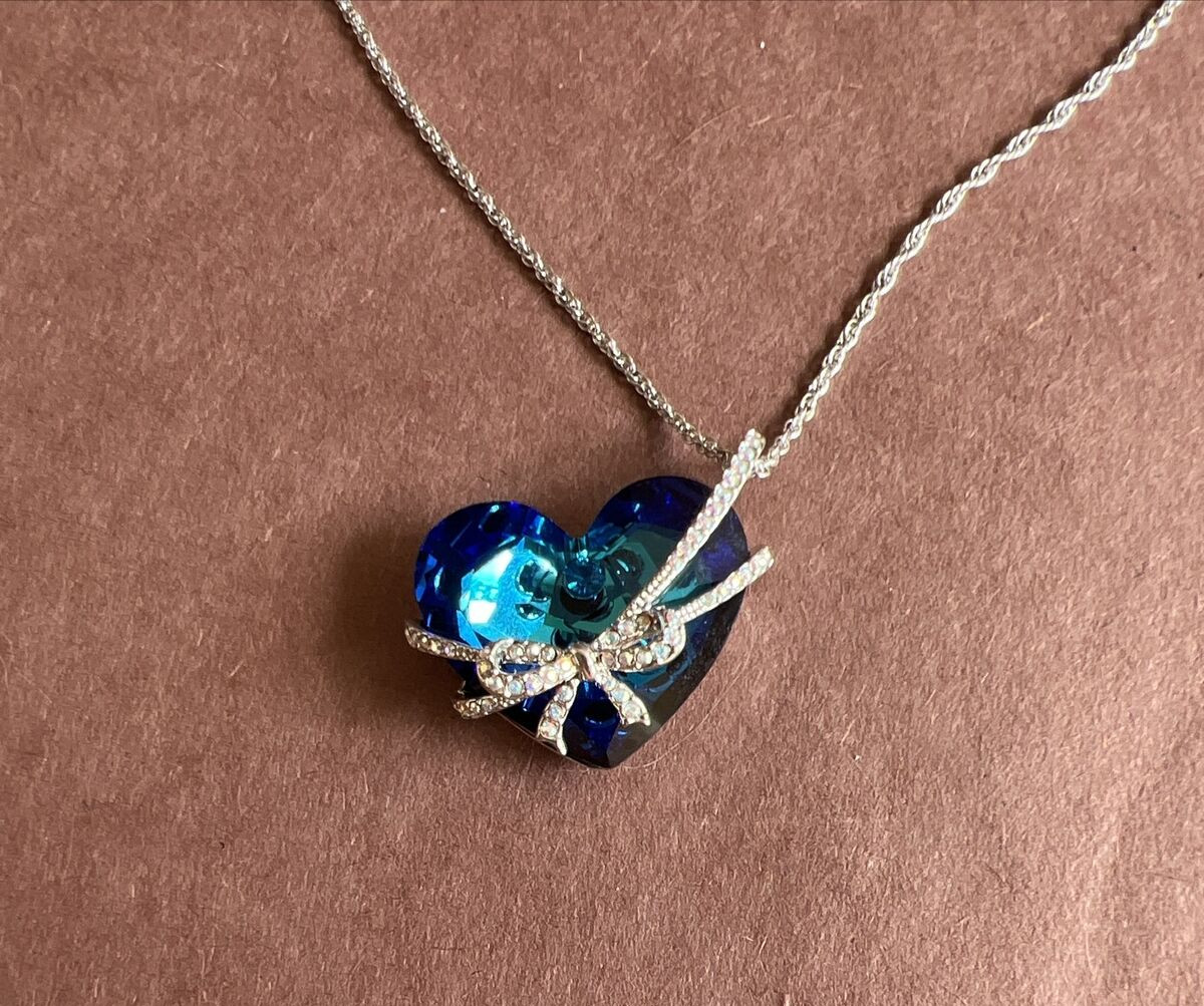 Vintage Qianse Swarovski Crystal Blue Heart Love You Forever Necklace 16″
