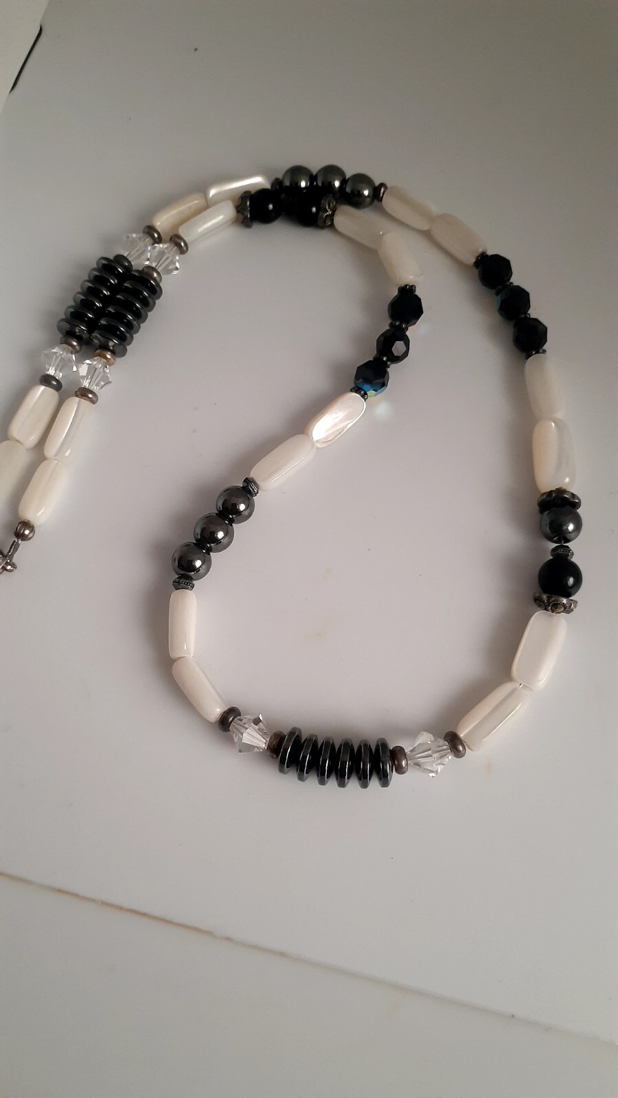 Mother of Pearl Hematite Clear & Black Stone Necklace. 18″
