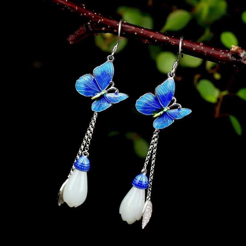 New Enamel Dangle Earrings Lotus Flower Jade Butterfly Drop Chinese