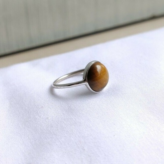 Round Tiger Eye 925 Silver Band Bezel Handmade All Size Brown Gemstone Ring