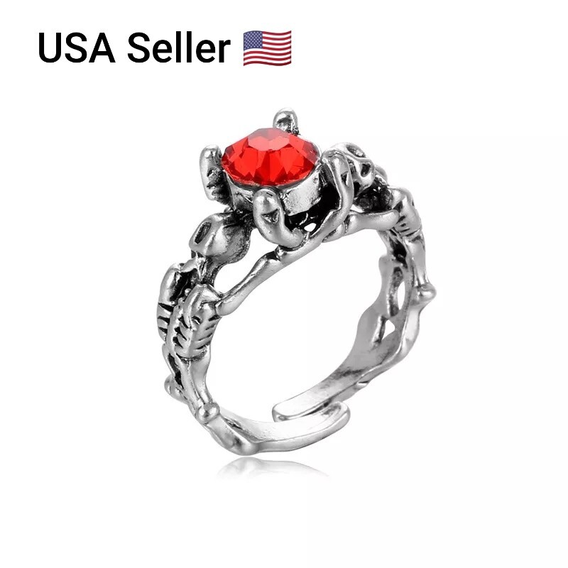 Vintage Skull Inlaid Red Zircon Open Rings Men Women Creative Punk Adjustable