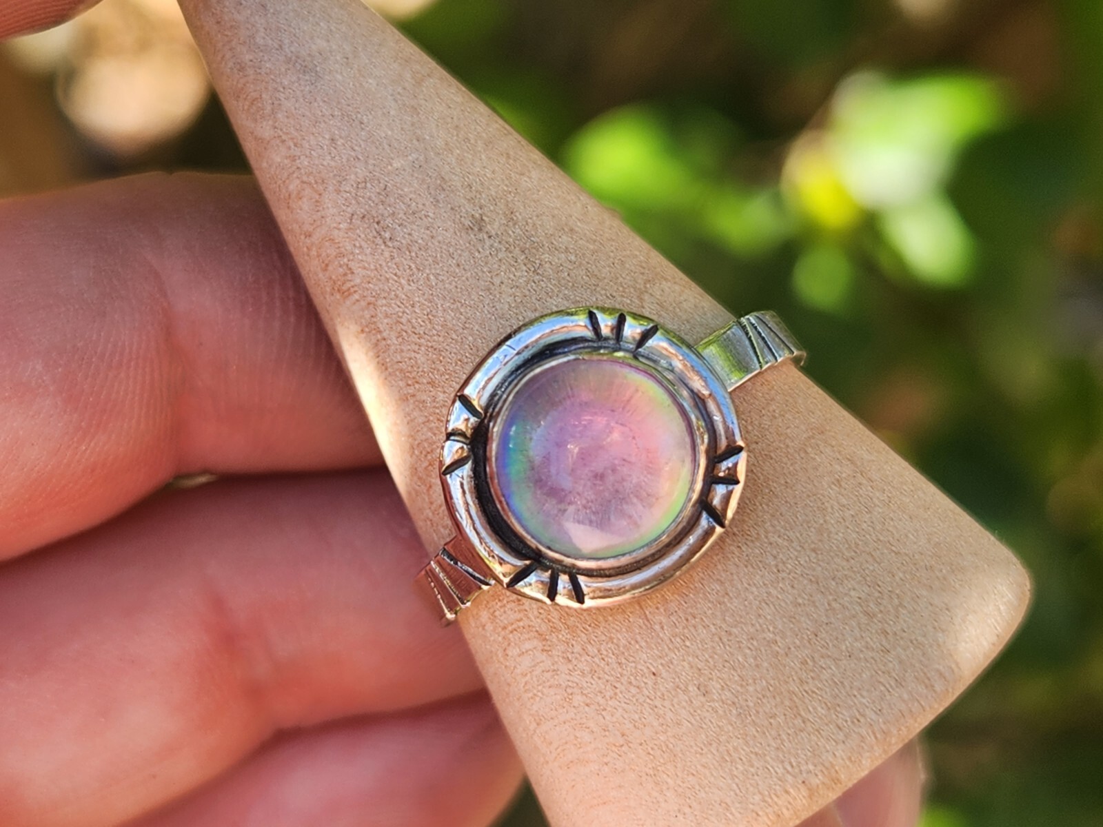 Aurora Opal Handmade Sterling Silver 925 Round Ring, Size 9 Pink Purple