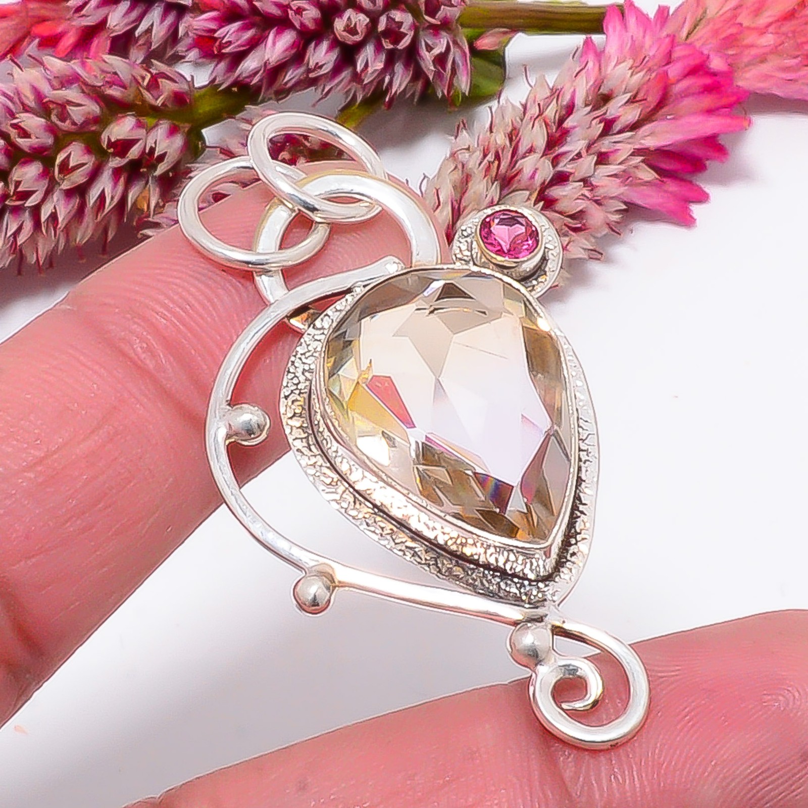 Morganite & Pink Rubellite Tourmaline 925 Sterling Silver Pendant 2.03″ sku62