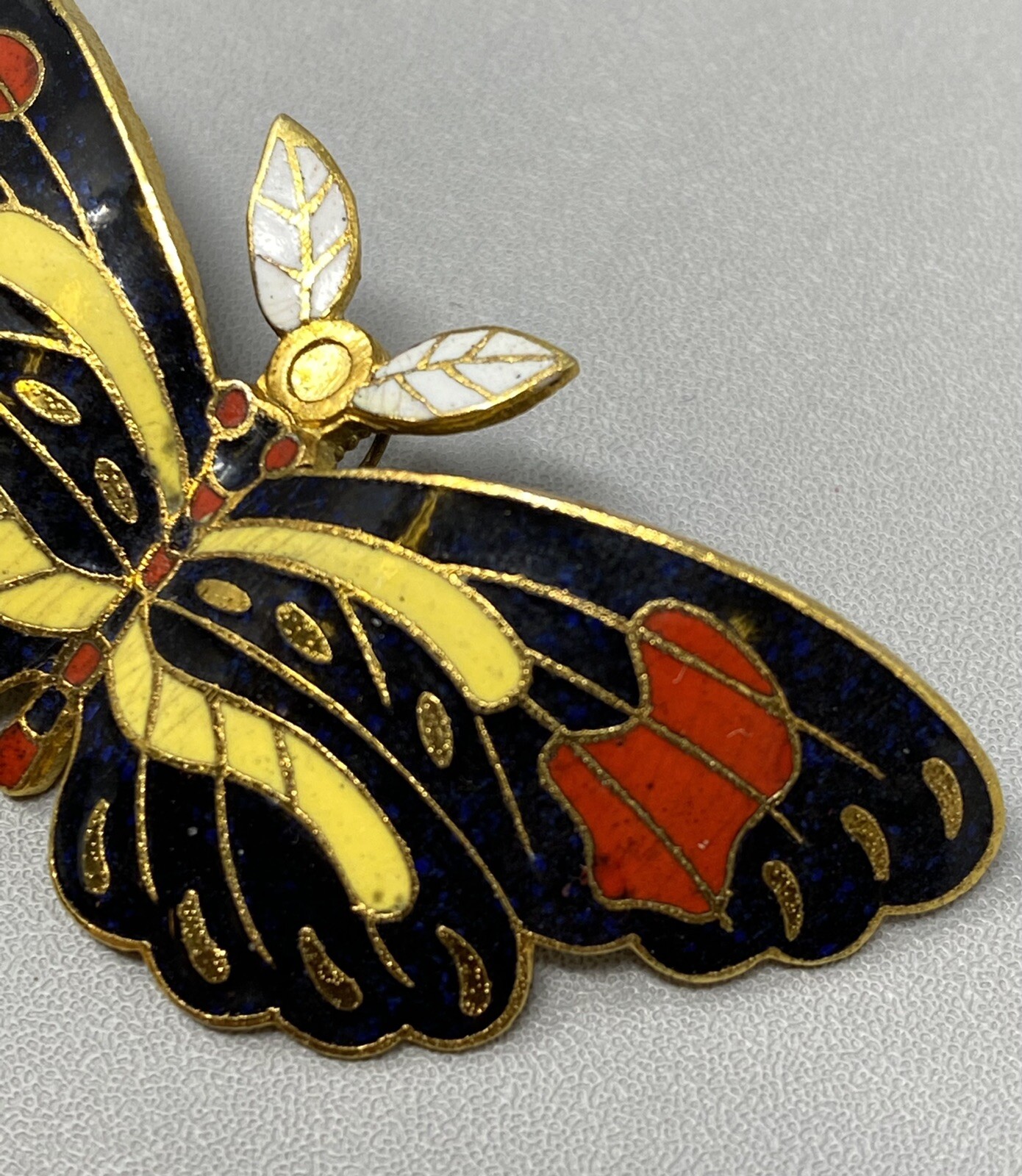 Vintage Cloisonne Butterfly Brooch C Clasp Pendant China Black Yellow Red Enamel