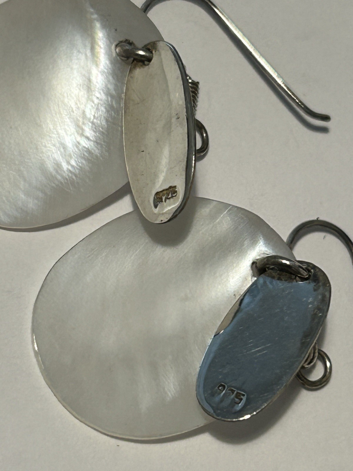 Vtg Sterling Silver & Mother Of Pearl Disc 5cm Drop Earrings (4.77g)