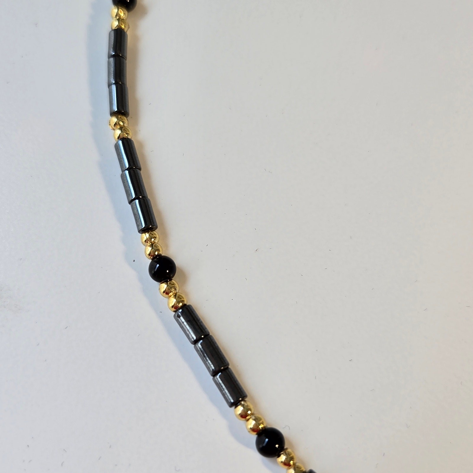 Vintage Cross Necklace Gray Black and Gold Beaded with Gold Jesus Pendant