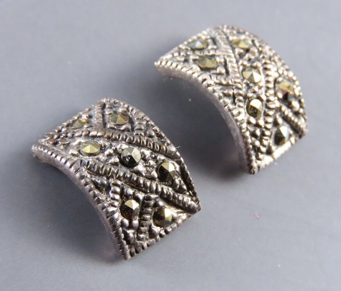 VTG STERLING SILVER Curved Rectangle Earrings MARCASITE PAVE SPARKLE Gothic