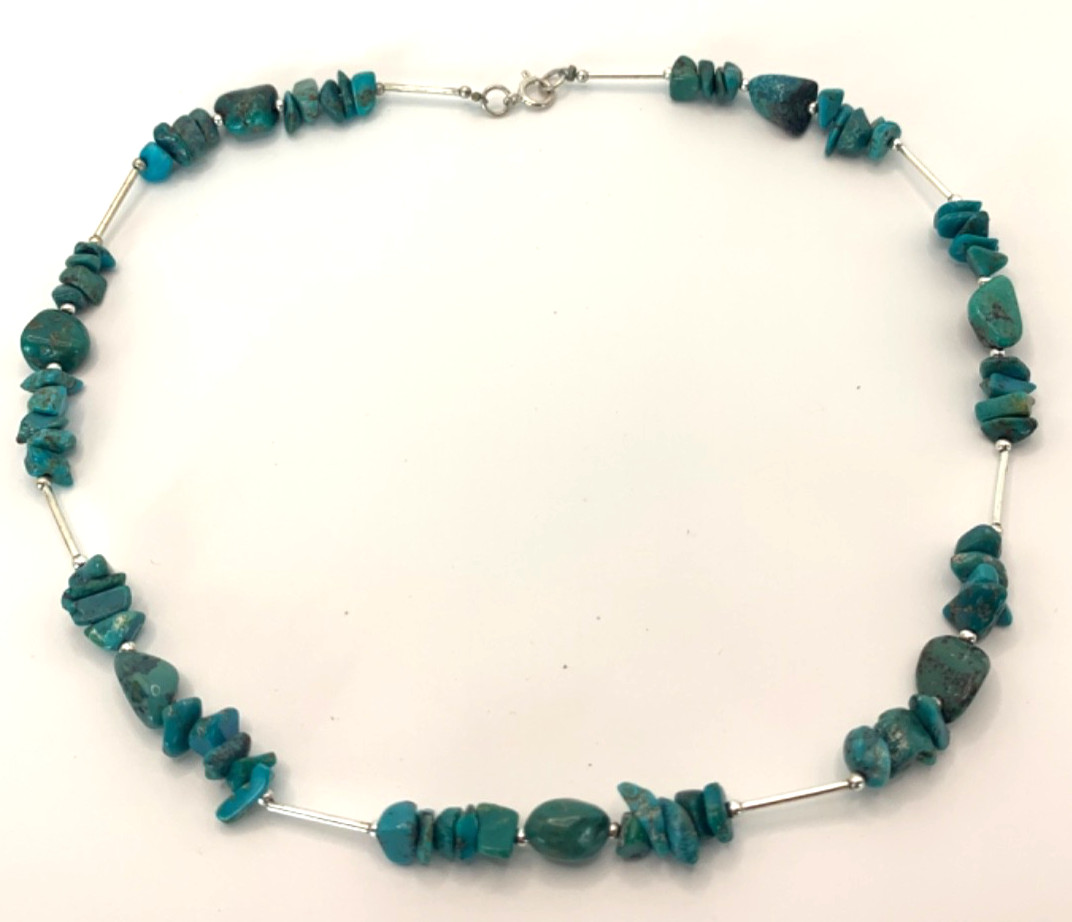 Vintage Southwest Liquid Silver Turquoise Nugget Necklace 1970s 80s Boho
