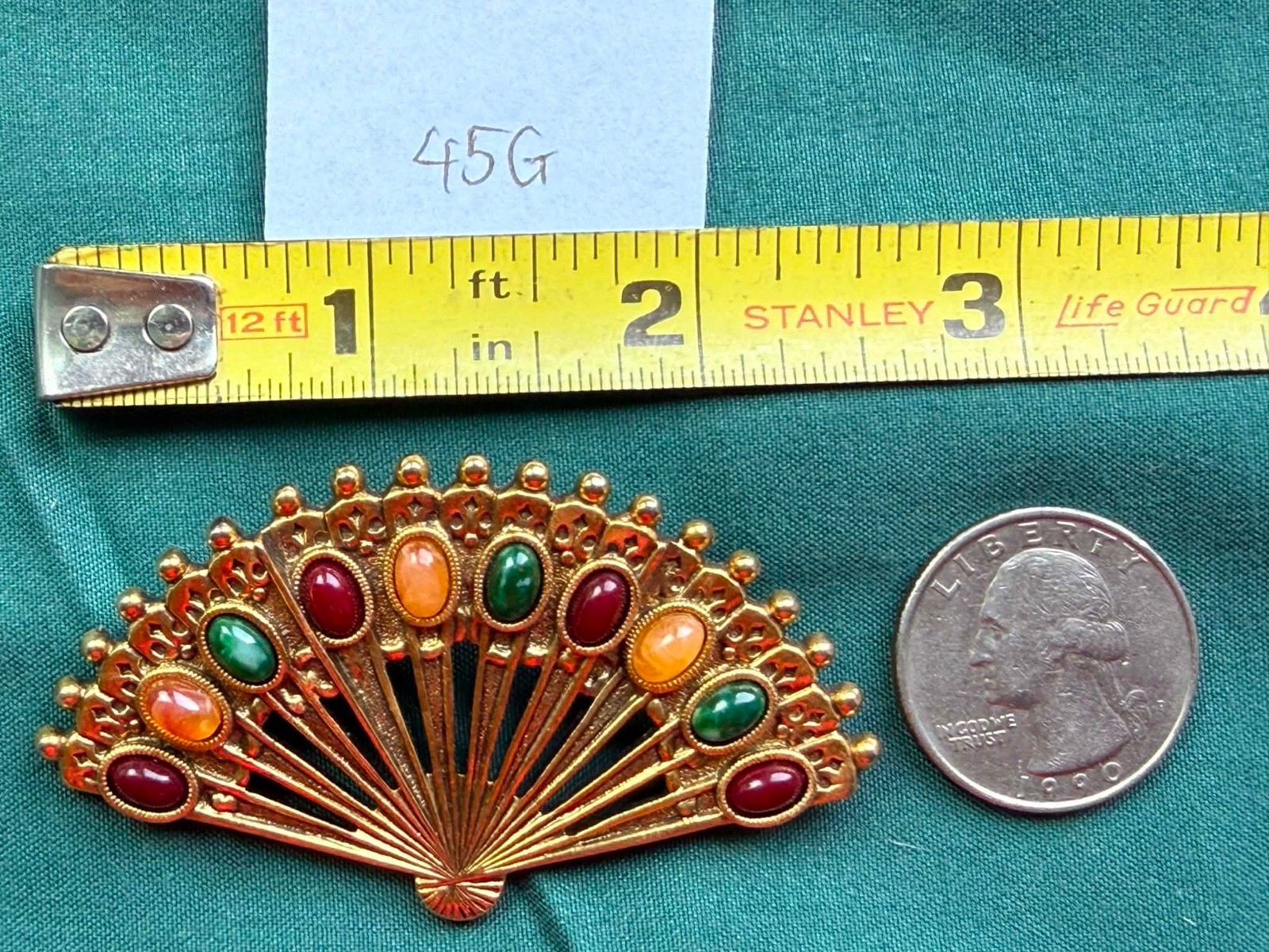 Vintage 1928 Jewelry Gold Tone Green Red Yellow Cabochon Fan Brooch Pin