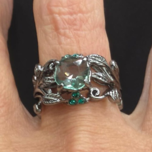 Gunmetal Black Gothic Oval Light Blue Stone Leaf Vine Accent Statement Ring
