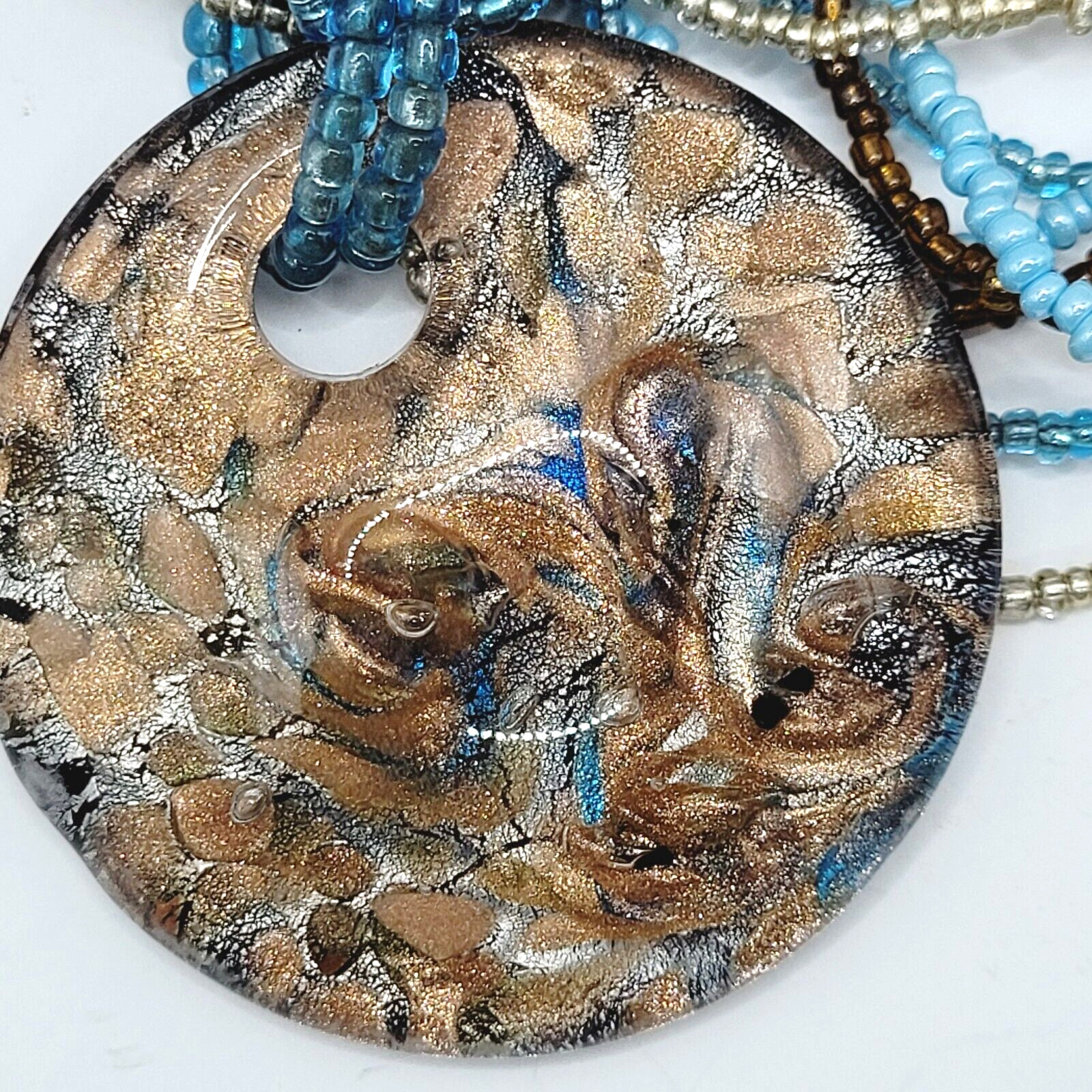 8 Strand Seed Beed Necklace with Metallic Foiled Large Round Art Glass Pendant