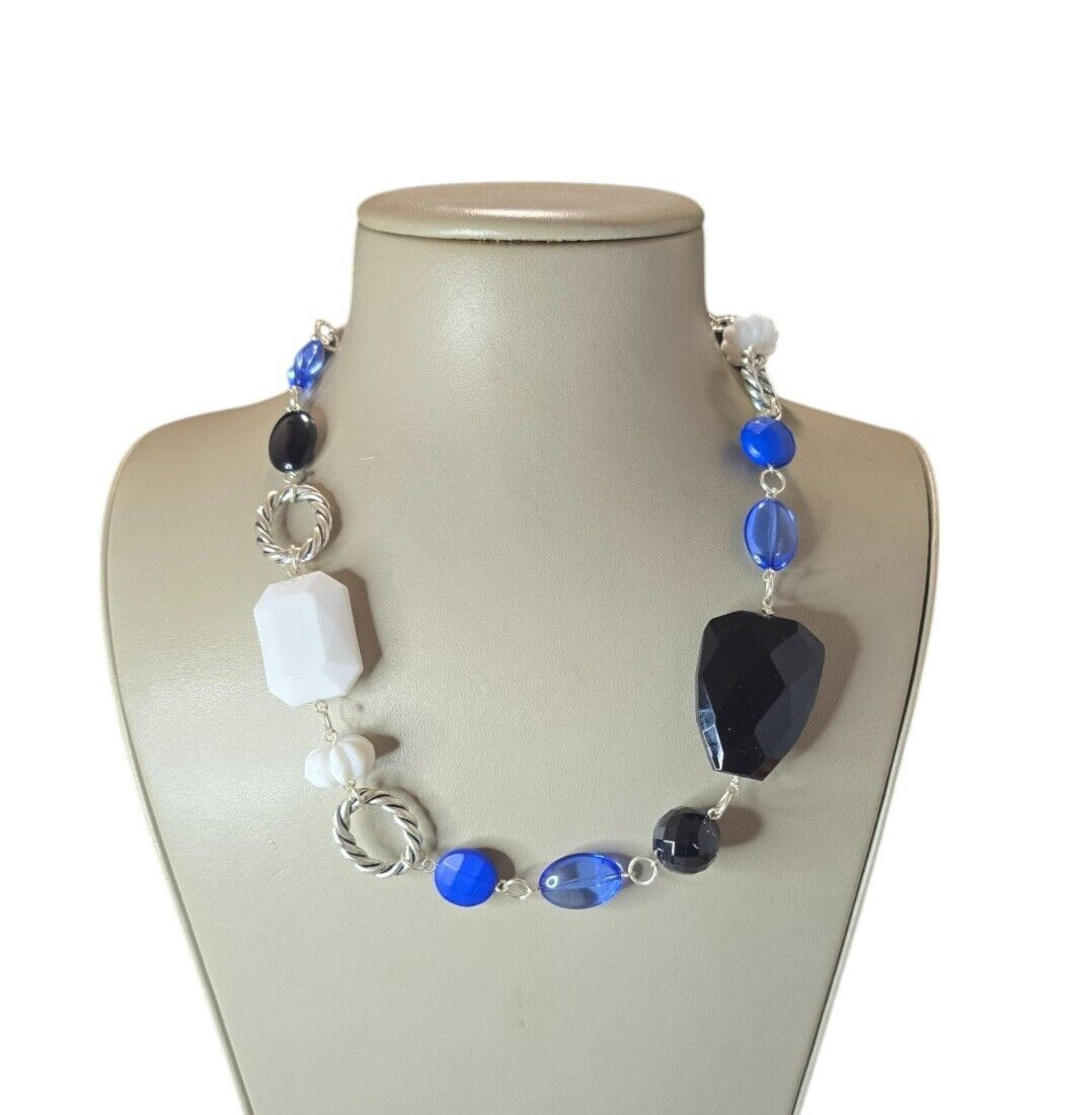 Stephan & Co Women’s Silver Plated Black , Blue & White Acrylic Short Necklace