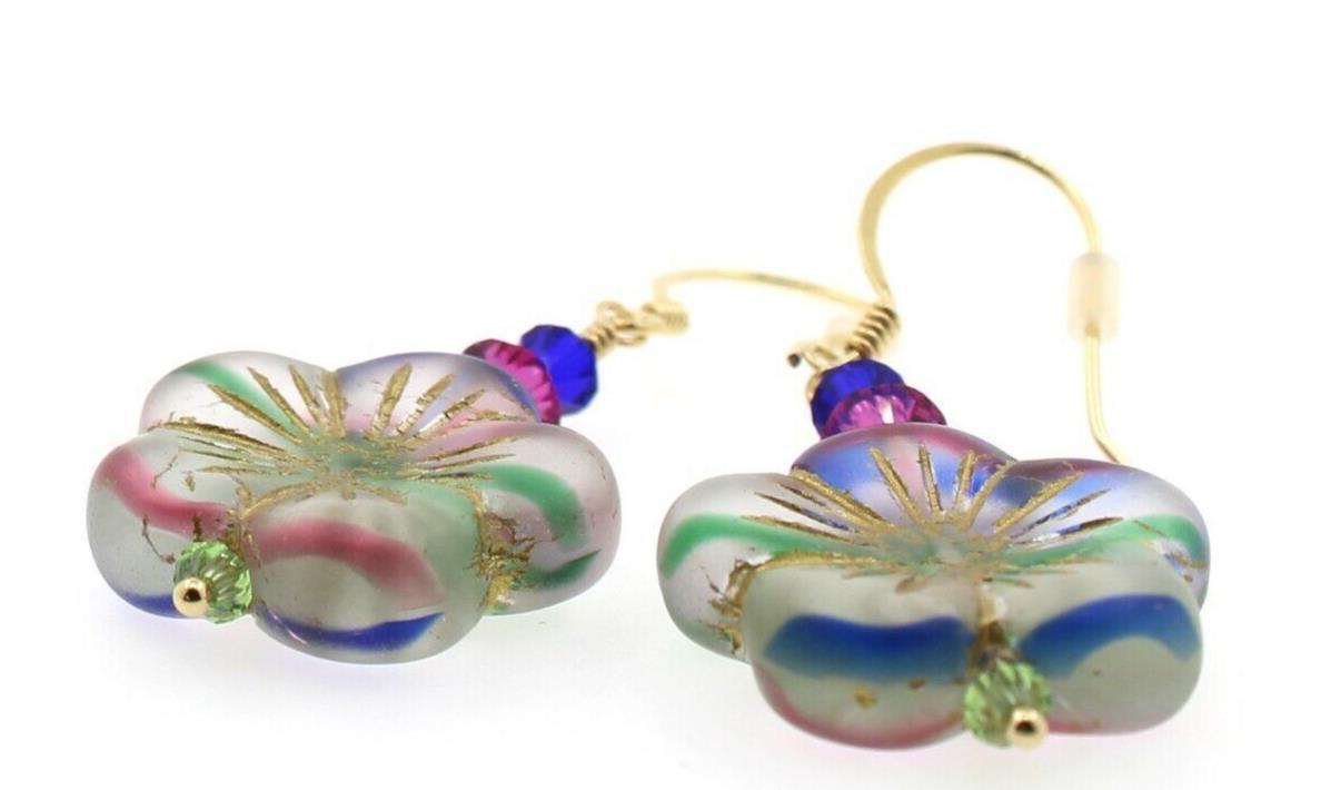 Flower Earrings Seaglass Glass Stripes Blue Green Pink Swarovski Vermeil Gold