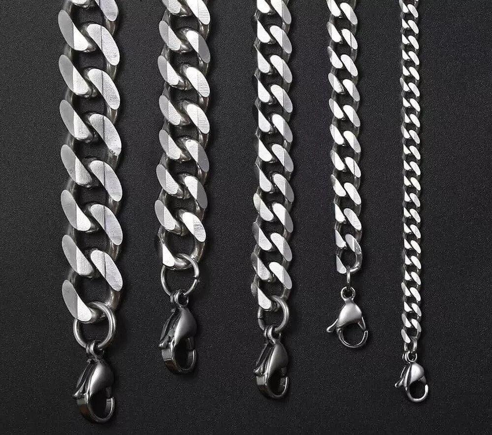 Cadena de Eslabón cubano para Hombre Acero Inoxidable de Plata Moda Hip Hop